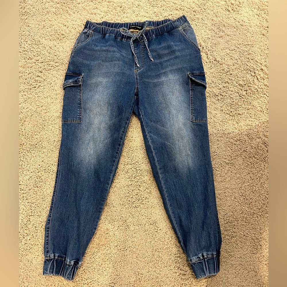 Jean joggers. So cute! I’m 5’2” and the length was just fine.